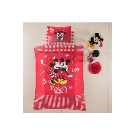 Özdilek Tek Kişilik Disney Lisans Baskılı Pike Takımı Mickey Mouse Friends Love Kırmızı