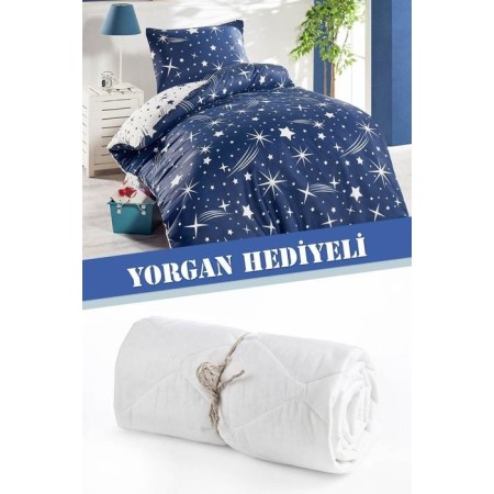 Eponj Yorgan Hediyeli Nevresim Seti Tek Kişilik Halley Lacivert