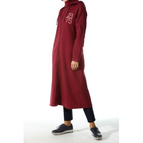 AllDay Bordo Fermuarlı Baskılı Penye, Tesettür Kadın Hırka, - P9211