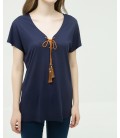 Koton Kadın Yaka Detaylı T-Shirt - Lacivert 6KAL11227JK745