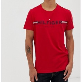 Tommy Hilfiger Simge Şerit Göğüs Logolu Kırmızı Erkek Tişört