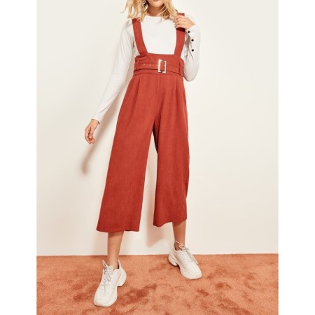 Trendyolmilla  Kiremit Kemerli İnce Fitilli Kadife Tulum TCLSS19ST0019