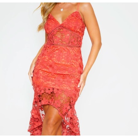 Prettylittlething Cmf2232/87 Rust Dantel Askılı Fırfırlı Midi Kadın Elbise