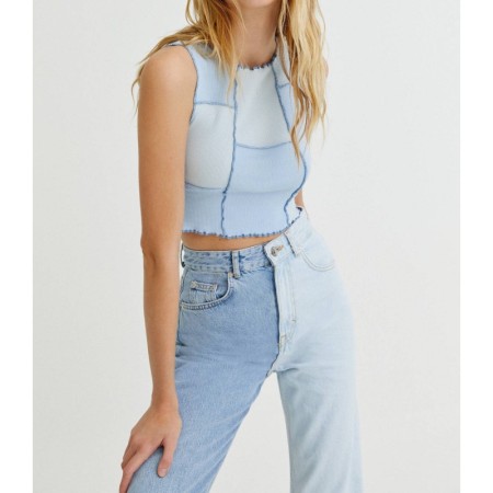Pull & Bear Dikişli Kadın Mavi Patchwork Top 8241/303/400