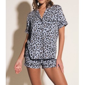 House of Silk Viskon Mavi Leopar Şort Takım
