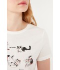 Mavi Kadın Kedi Baskılı Beyaz Tişört 1610145-70057