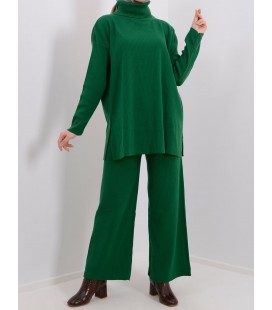 Kadın Yeşil Boğazlı Kol Düğme Detaylı Triko Takım