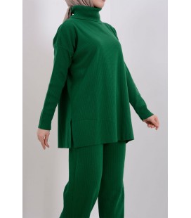 Kadın Yeşil Boğazlı Kol Düğme Detaylı Triko Takım