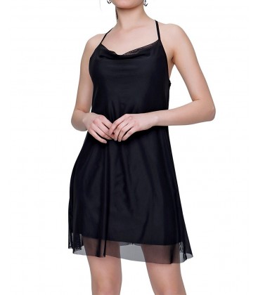 Kadın Siyah Sırtı Çapraz Tül Elbise 21-2KB0740