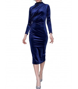 Kadın Lacivert Yanı Büzgülü Kadife Elbise 21-2KB0761