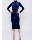 Kadın Lacivert Yanı Büzgülü Kadife Elbise 21-2KB0761