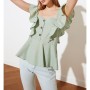 TRENDYOLMİLLA Mint Düğme Detaylı Kolları Fırfırlı Dokuma Bluz TWOSS20BZ1268