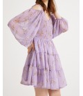 Koton Kadın Çiçekli Omuz Detayli Uzun Kollu Mini Yazlık Lila Elbise 1YAK88729PW