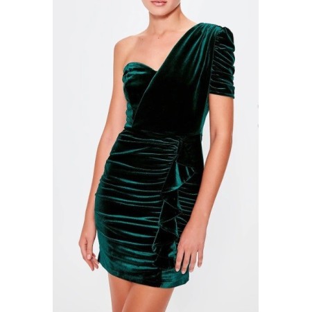 TRENDYOLMİLLA Zümrüt Yeşili Drape Detaylı Tek Kol Kadife Elbise TPRAW20EL0797