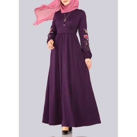 Moda selvim Elbise Kolu Nakışlı Tesettür Elbise PL834 Mor