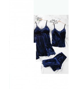 Sendy Home Kadın 3 Lü Saks Mavisi Güpür Detaylı Kadife Pijama Takımı