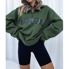 Madmext Haki Fermuar Detaylı Baskılı Sweatshirt Mg1246