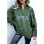 Madmext Haki Fermuar Detaylı Baskılı Sweatshirt Mg1246