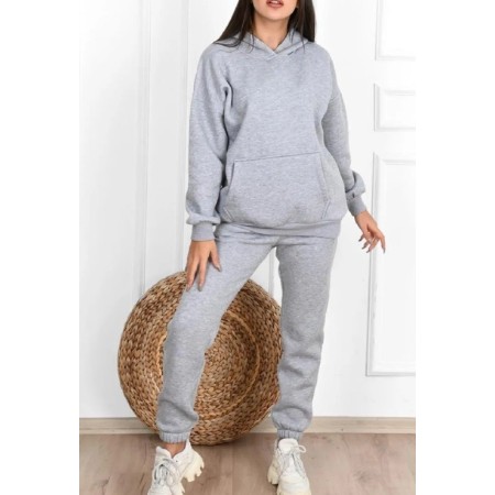 Enjoy Düz Basic Eşofman Takımı Sweatshirt Jogger Gri Oversize Şardonlu Kapüşonlu