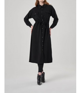 Mizalle Kadın Beli Tünelli Siyah Elbise M1MZ1030120186