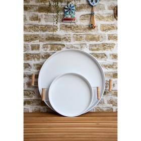 Kitchen Trend 2'Li Ahşap Kulplu 51 Cm Metal Tepsi Ve 37 Cm Beyaz Tepsi Çay Kahve Sunum Tepsisi