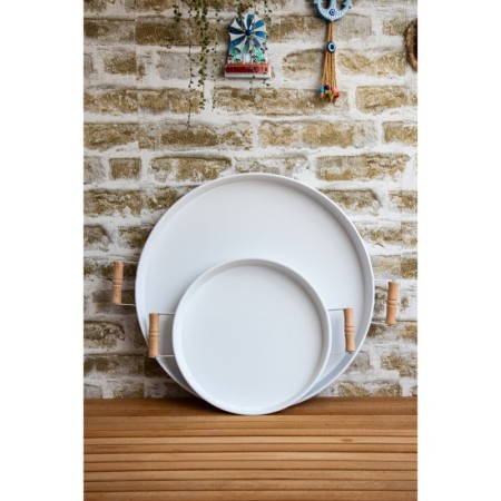 Kitchen Trend 2'Li Ahşap Kulplu 51 Cm Metal Tepsi Ve 37 Cm Beyaz Tepsi Çay Kahve Sunum Tepsisi