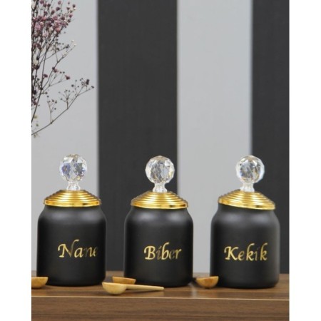 3 Lü Ahşap Kristal Kapaklı Cam Baharatlık Takımı Cam Kavanoz Saklama Seti