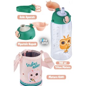Uzspace 700 ml -Büyük Boy-Kılıflı 2 Ayrı Kapaklı Pipetli/Pipetsiz Tritan Su Matarası