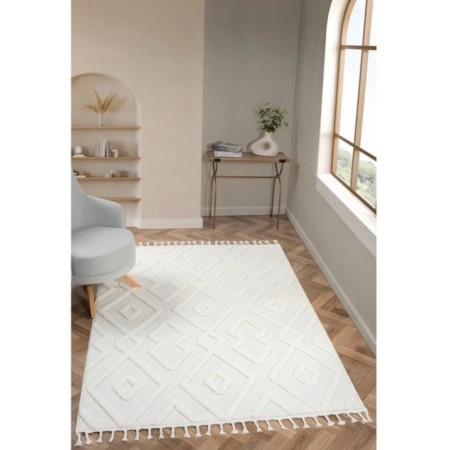 CARLA DOLGE Krem Saçaklı Dokuma Halı Yolluk Oturma Odası Çocuk Odası Salon Halısı 60x110cm