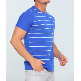 Parlak Tekstil Saks Mavisi Erkek Likralı Bisiklet Yaka Slim Fit T-shirt 1034
