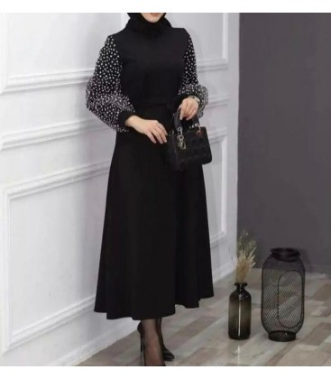 Moda Ceyda Kadın Siyah Kolları Şifon Elbise