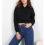 Melanj Kadın Siyah Belden Bağlamalı Kapüşonlu Kısa Crop Sweatshirt