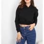 Melanj Kadın Siyah Belden Bağlamalı Kapüşonlu Kısa Crop Sweatshirt