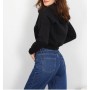 Melanj Kadın Siyah Belden Bağlamalı Kapüşonlu Kısa Crop Sweatshirt