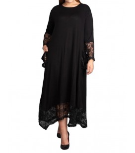 Queen Night Kadın Büyük Beden Siyah Dantel Detaylı Viskon Uzun Kollu Elbise