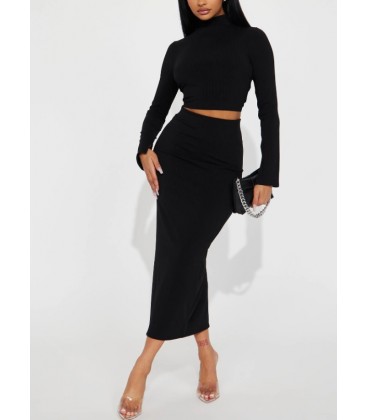 FashıonNova Modern Day Chic Ribbed Skirt Set - Black Etek Takım