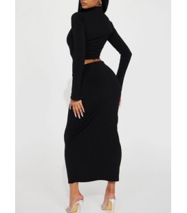 FashıonNova Modern Day Chic Ribbed Skirt Set - Black Etek Takım