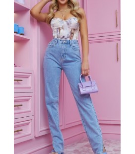 Prettylittlething Kadın Light Blue Wash Long Leg Split Hem Jeans CMF2615