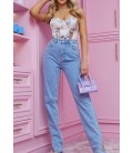 Prettylittlething Kadın Light Blue Wash Long Leg Split Hem Jeans CMF2615