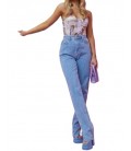 Prettylittlething Kadın Light Blue Wash Long Leg Split Hem Jeans CMF2615