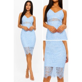 Prettylittlething Soluk Mavi Dantel Dalma Midi Elbise