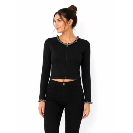 Fulla Moda Kadın Siyah  Triko Crop Bluz 19-776