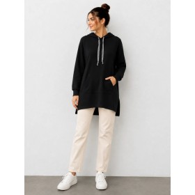 Trender Kadın Kapuşonlu Siyah  Tunik Sweatshirt