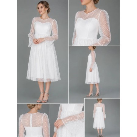 Espenica Cream Long Sleeve Lace Midi Evening Dress