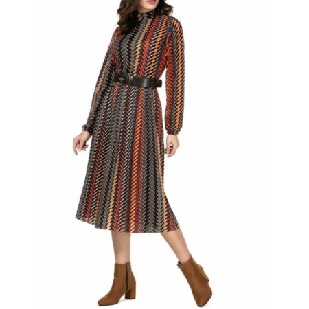 Sateen Ethnic Patterned Midi Belted Dress - Your Elegance Destination