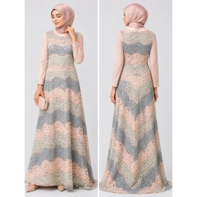 Setrems Açık Pembe Dantelli Kadın Uzun Elbise Tesettür