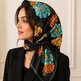 Enk Kadın Siyah Çiçek Desenli Eşarp 90x90