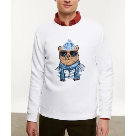 Erkek Nakışlı Bisiklet Yaka Beyaz Sweatshirt - Şıklığın Adresi