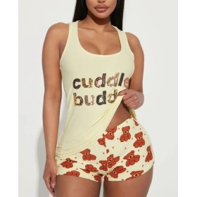 FashıonNova Kadın Gece Takımı Cuddle Buddy Bear PJ Short Set - Yellow/combo Şortlu Takım