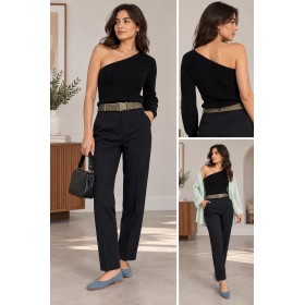 Women's Black Open Shoulder Detail Knit Sweater - Elegance and Comfort